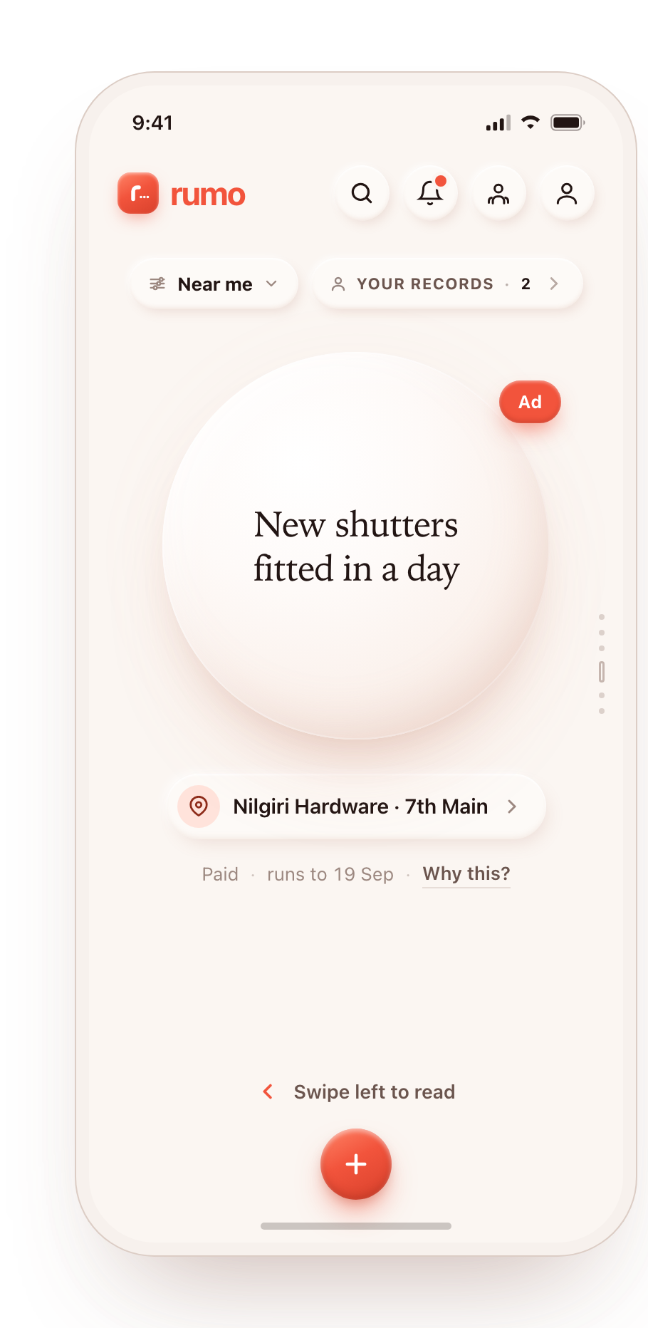 Large paid notice shown as a complete card in Rumo Home.